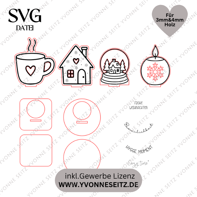 SVG Laser Datei 4 Designs Teelichtaufsteller Winter Weihnachten Mitbringsel für LED-Teelichter 3&4mm Laserdatei SVG Datei Hygge Geschenkidee – Bild 2
