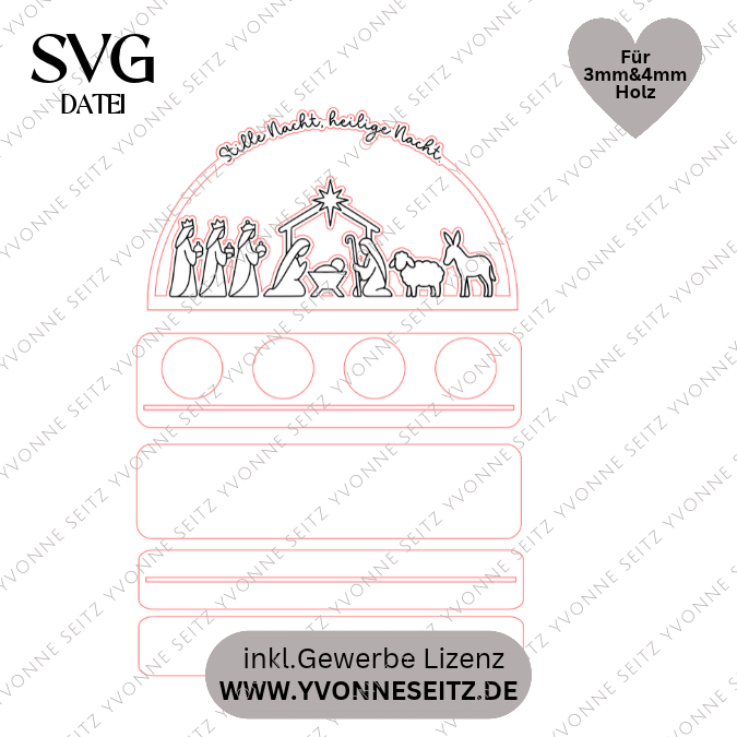 3mm und 4mm XXL Krippe Teller für Krippe Dekoteller Ständer mit 2 Ständern für 4 Teelichter SVG Laser Datei Weihnachten Heilige Nacht – Bild 2